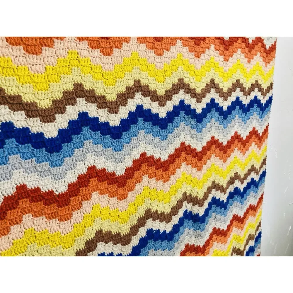 Vintage 70s 80s Handmade Afghan Crochet Blanket Wave Chevron Sunset Fall Blue Or